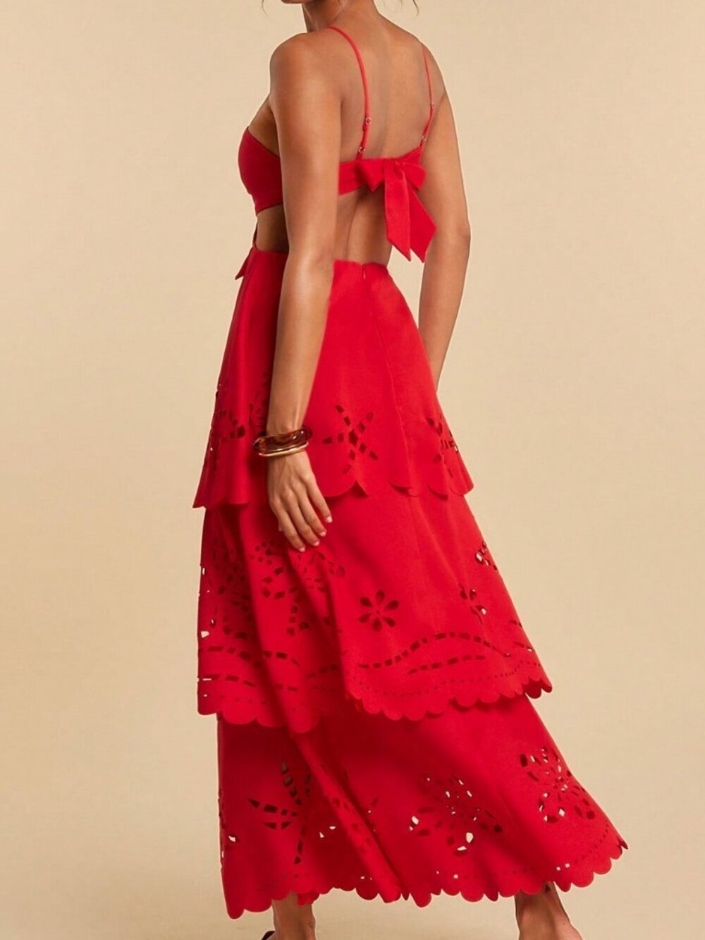 Red Boho Women's Woven Multi-Layer Ruffle Hem Spaghetti Strap Backless Dress - Picture 3 of 7